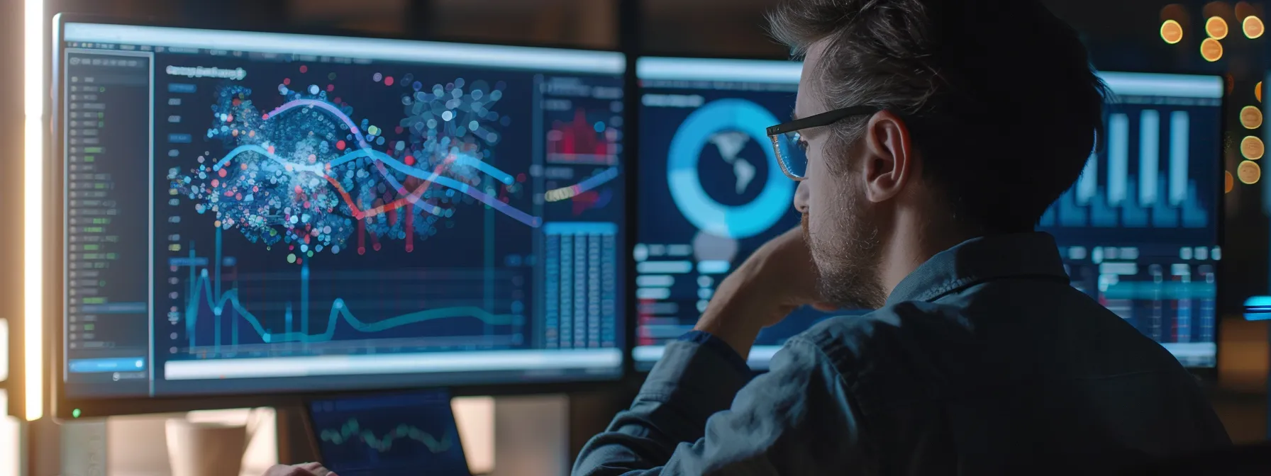 a person examining a computer screen displaying various graphs and charts related to local seo performance.