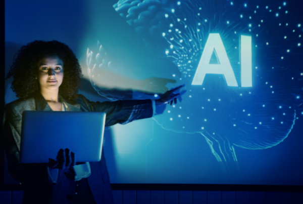 Business professional presenting AI technology concept