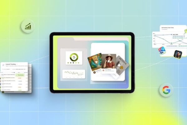 Tablet displaying marketing analytics dashboard and metrics