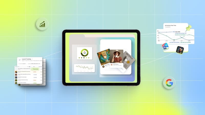 Tablet displaying marketing analytics dashboard and metrics