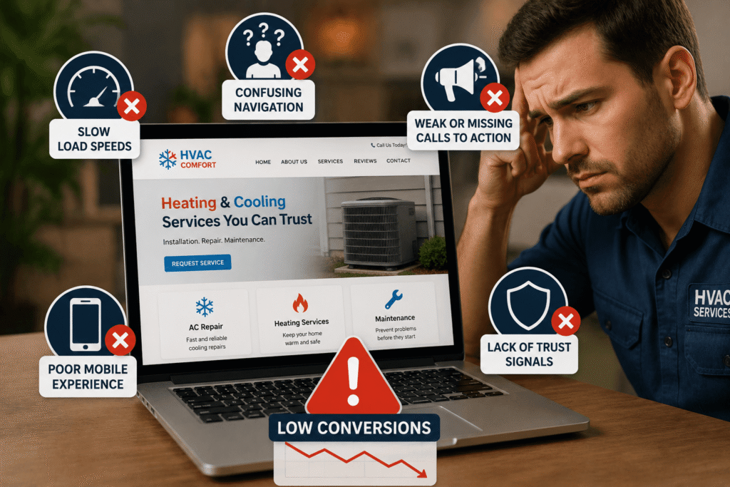 Man reviewing an HVAC website on a laptop, surrounded by badges highlighting UX problems like slow loads, confusing navigation, and low conversions.