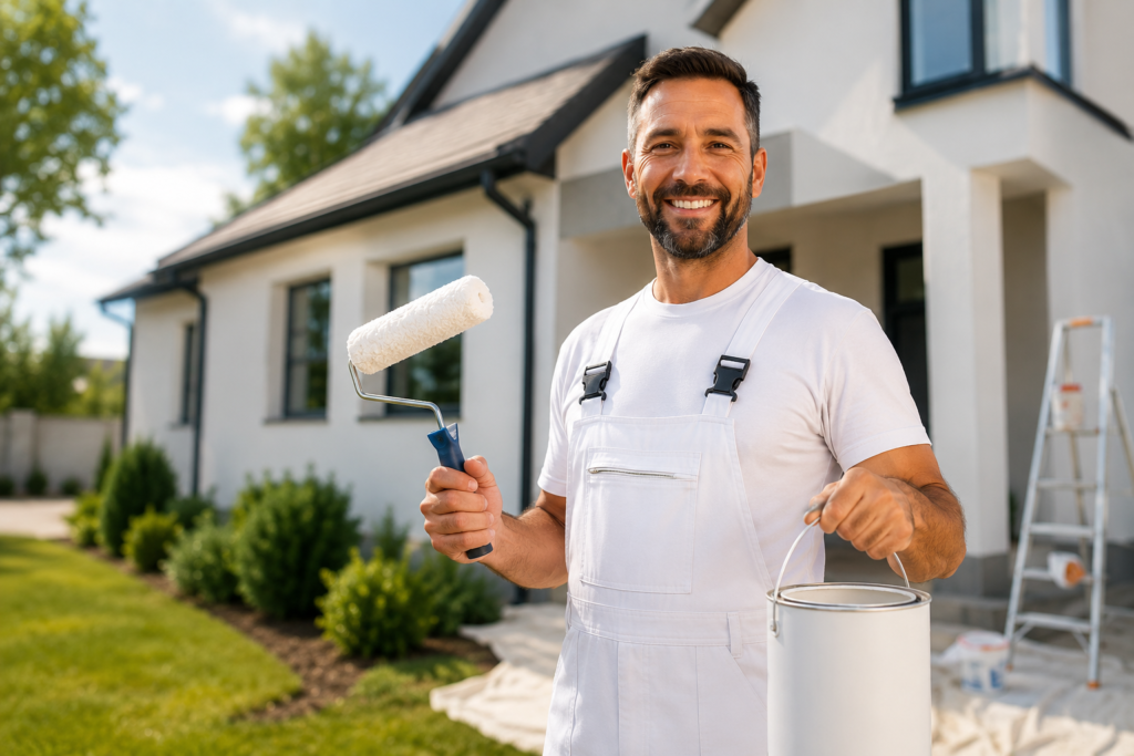 Smiling painter in front of house