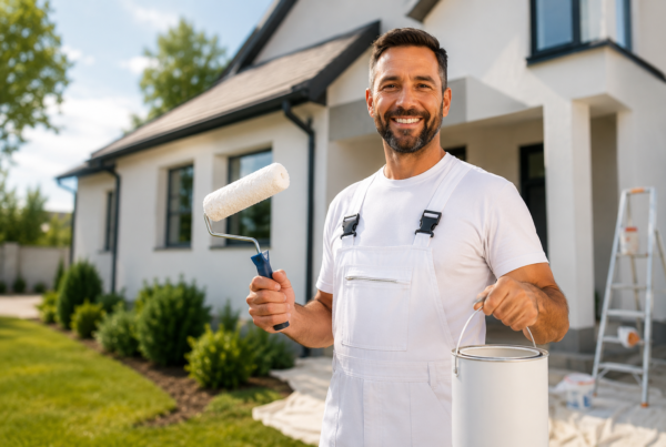 Smiling painter in front of house