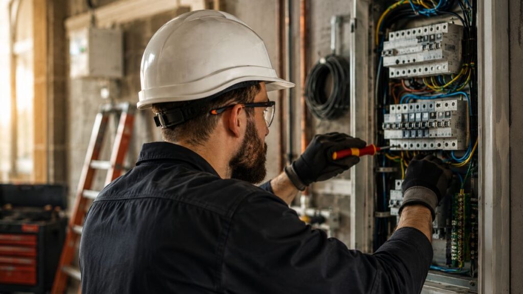 Electrician working on electrical panel