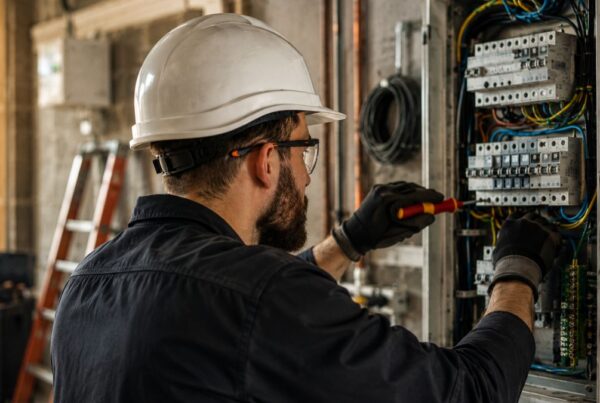 Electrician working on electrical panel