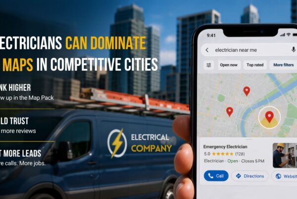 Marketing hero: smartphone map with pins and bold headline about electricians dominating Google Maps in cities.